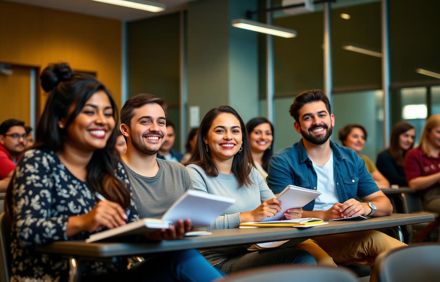 Estudantes adultos participando de uma aula em sala moderna