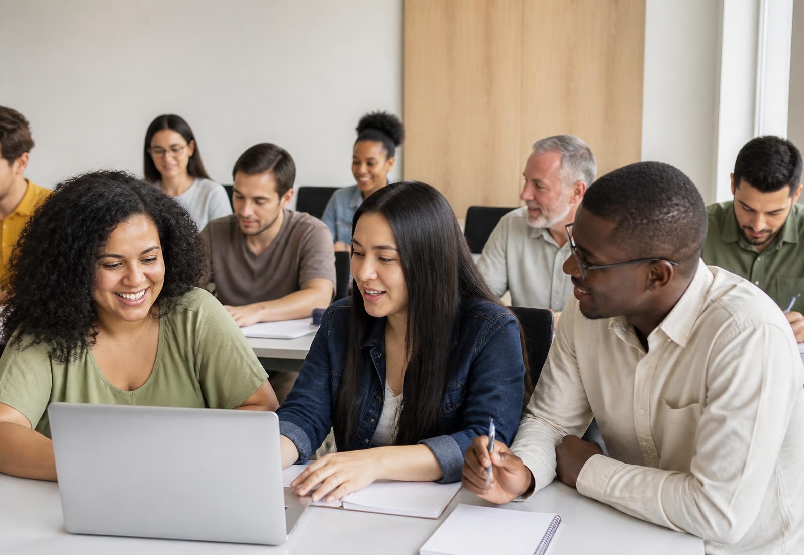 Estudantes jovens e adultos estudando juntos em uma sala de aula moderna e acolhedora